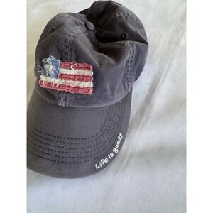 Life Is Good Hat Cap Strap Back Blue Distressed Flag Patch Embroidered Mens